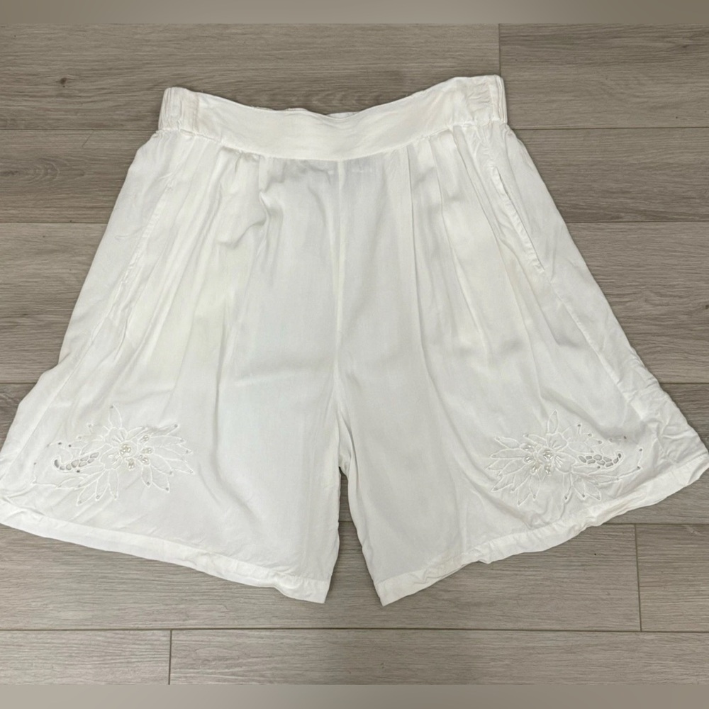 Vintage White Sheer Shorts Size Large Beaded Floral Accents